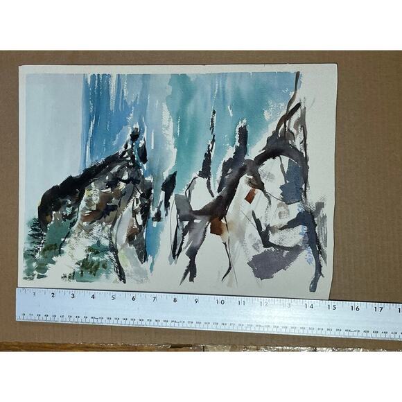 Beautiful Vintage Water Color Painting art. Cliffs,Water, Woods. Nature. signed - Picture 8 of 9